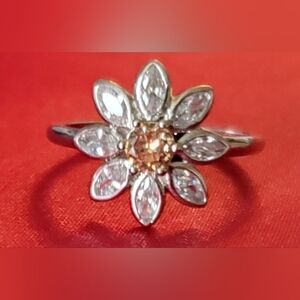 Sterling Silver, Citrine And Rhinestones Floral Ring